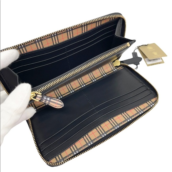 Burberry New Black Check Signature Large Zip Around Logo Leather Wallet - Picture 3 of 13